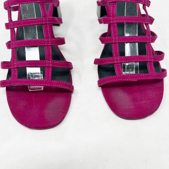 [Urban Outfitters] Fuchsia Pink Faux Suede Caged Lattice Block Heel Mules Sz 10 - Picture 9 of 11